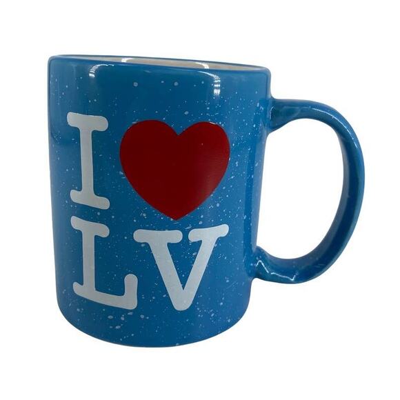 I HEART LV MUGS Blue Yellow Speckle LOVE Ceramic Coffee Tea Cocoa Las Vegas Mug - Picture 4 of 7